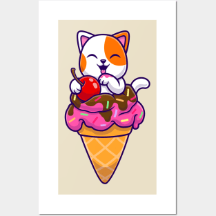 Cute Cat On Ice Cream Cone Cartoon Posters and Art